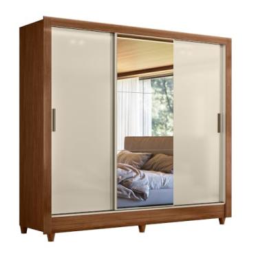 Imagem de Guarda Roupas Casal com Espelho 3 Portas de Correr 2 Gavetas França Madeirado/Off White