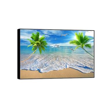 Imagem de Impressão em tela de paisagem - Imagem moderna de arte de parede natural - Ondas do mar Ponte de praia - Pôster de moldura preta para decoração de casa de banho 30 x 45 cm 12 x 18 pol