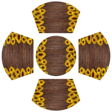 Imagem de Jogo americano de girassol para mesas redondas conjunto de 5, tapete de mesa de jantar com textura de madeira em forma de cunha com tapete de centro redondo lavável resistente ao calor tapetes de mesa