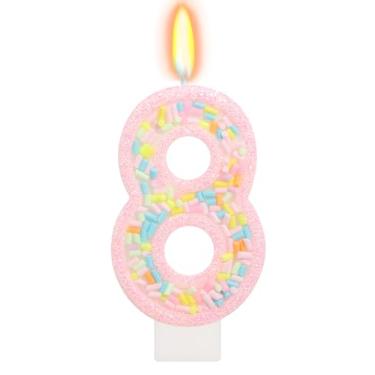 Imagem de ElekFX Vela de aniversário número 8 com granulados, topo de bolo arco-íris unicórnio rosa pastel, decorações de festa Sweet Candyland para meninas e meninos 8 anos