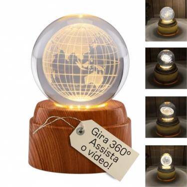 Imagem de Luminária de Mesa Infinity Orb LED, Rotação Infinita, USB Efeito Estelar, Transparente com Base estilo amadeirado (Planeta Terra)