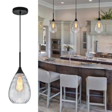 Imagem de Yezgge Mini luzes pendentes de vidro pretas de 16 cm, sombra ondulada de água transparente, altura ajustável, luminária suspensa moderna para ilhas de cozinha, áreas de jantar, bares, pias (1 luz)
