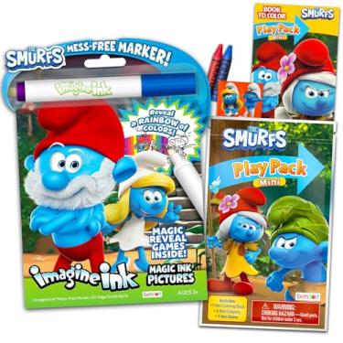 Imagem de Conjunto de mini livros de colorir Smurfs – Pacote com Smurfs Play Pack com livro de colorir, adesivos, giz de cera e Smurfs Imagine Ink páginas para colorir sem bagunça | Artigos de festa de Smurfs