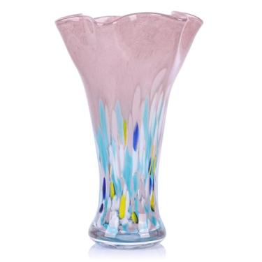 Imagem de Vasos de vidro de blush de 23 cm H para flores, vaso de vidro soprado à mão exclusivo para decoração de casa, vaso de flores coloridas de boca larga, para sala de estar, estante de livros, prateleira