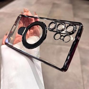 Imagem de Capa para Samsung S25Ultra Transparente de Acrílico para PC com Suporte de Luxo e Revestimento (Para Samsung S25Ultra/Preto)