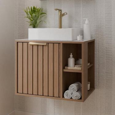 Imagem de Gabinete para Banheiro 60cm com 1 Porta 2 Nichos e Cuba de Sobrepor No