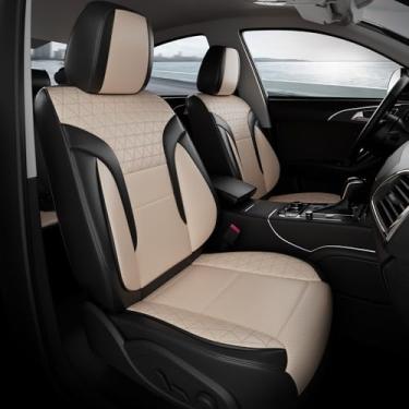 Imagem de FEINEPRO Capas de assento de carro pretas e bege apenas frontais 2 peças - Capas de assento universais de couro sintético respirável para carros, protetor automotivo adequado para a maioria das