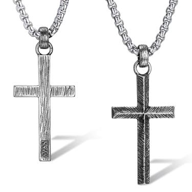 Imagem de MUSECLOUD Colar masculino com cruz de prata esterlina 925 - Pingente de cruz esculpida oxidada com corrente de caixa de aço inoxidável, vintage, exclusivo crucifixo, joias de prata para homens e