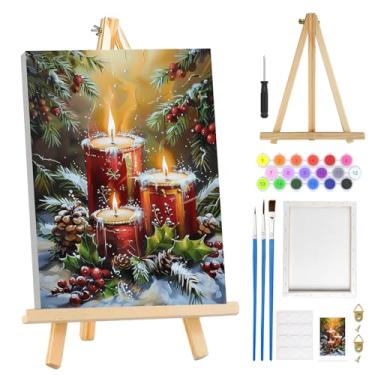 Imagem de MOGTAA Kit de pintura de Natal por números para adultos iniciantes com moldura, kits de pintura de vela de Natal para adultos por números em tela com cavalete, kits de pintura a óleo de inverno fáceis