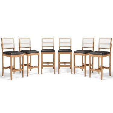 Imagem de Kit Com 6 Banquetas Milena Madeira Maciça Assento Estofado Encosto De Tela Sintética