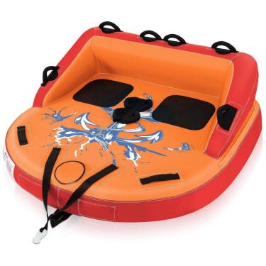 Imagem de Boia Rebocável para 3 Pessoas, Carga Máx 155 kg com Drenagem, Pontos de Reboque Duplos Dianteiros e Traseiros, Goplus, Laranja