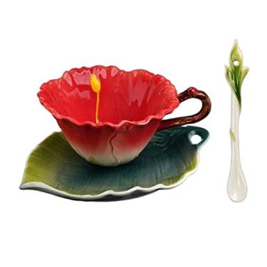 Imagem de GRFIT Caneca criativa pastoral pintada à mão esmaltada copo de cerâmica caneca de café em forma de flor com xícara prato e colher caneca de café