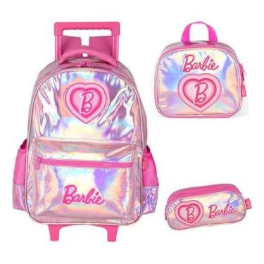 Imagem de Kit Mochila Rodinhas Lancheira Estojo Barbie Holográfica - Luxcel