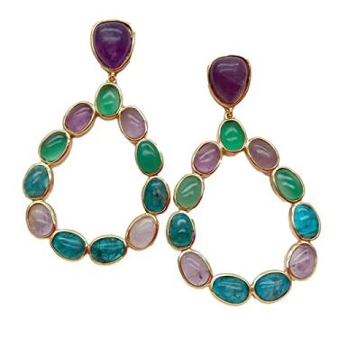 Imagem de Brincos femininos de luxo oval de ágata verde ametista apatita com lágrima preenchida com ouro