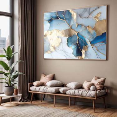 Imagem de Quadro com Moldura e Acrilico Cristal Vidro Sala Quarto Abstrato Azul Mármore Decorativo Horizontal Grande Hall