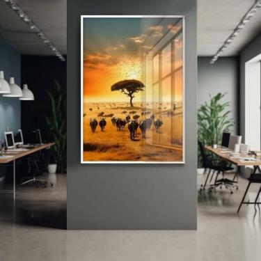 Imagem de Quadro Decorativo com Moldura e Acrilico Cristal Vidro Paisagem Africana Savana Por do Sol Sala Quarto Hall