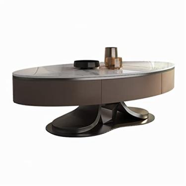 Imagem de Mesa de centro oval mesa de centro com mesa de ardósia, mesa de centro moderna para sala de estar com gavetas, mesa de quarto com moldura de aço inoxidável estável (110 cm x 70 cm)