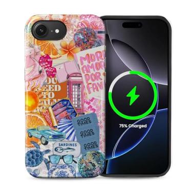 Imagem de ZHEGAILIAN Capa compatível com iPhone 16e, [compatível com MagSafe], capa rígida híbrida de 2 camadas para meninas meninos mulheres homens, colagem vintage colorida bonita design cidade menina capa de