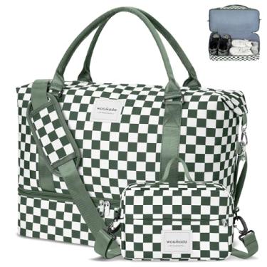 Imagem de WOOMADA Bolsa feminina de fim de semana, bolsa de viagem de ombro com compartimento para sapatos, bolsa de ginástica com bolsa de higiene pessoal, Tabuleiro xadrez verde exército