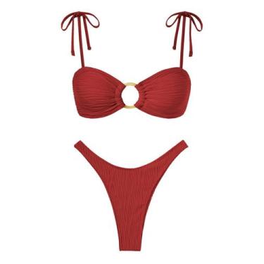Imagem de Conjunto de biquíni ZAFUL Sexy Tie, alça espaguete, maiô de perna alta