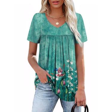 Imagem de Blusa feminina WEESO de manga curta com decote em V floral azul-petról