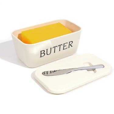 Imagem de Manteiga com tampa para bancada e prateleira de porta de geladeira, bandeja de suporte de manteiga de plástico com faca de manteiga, branca