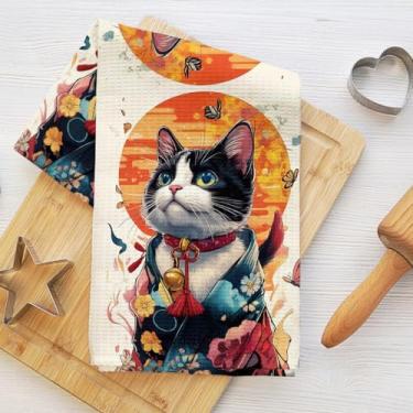 Imagem de Toalhas de cozinha de gato estéticas japonesas, panos de prato para lavar pratos de cozinha, toalha de chá decorativa de microfibra macia, panos de prato toalha de mão para casa de banho, casa de
