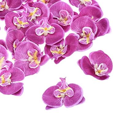Imagem de 7 cm/2,8" cabeças de orquídeas artificiais, pacote com 20 cabeças de orquídea borboleta falsas de seda Phalaenopsis para decoração de buquê floral de casamento, faça você mesmo, roxo escuro