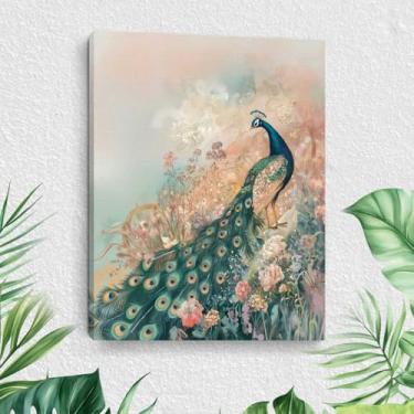 Imagem de Arte de parede em tela de pavão vintage, pinturas de arte emolduradas estéticas de pavão de flores, decoração de parede, cena da natureza e amante de animais, imagem para sala de estar, sala de jantar