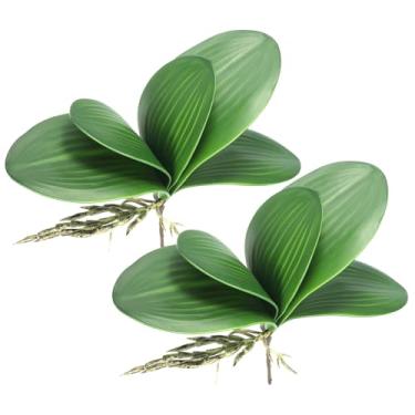 Imagem de Folhas falsas de orquídea 13 cm, pacote com 2 folhas artificiais pequenas Phalaenopsis de látex real, verde, 5 folhas com hastes para decoração de vasos de flores em casa, verde
