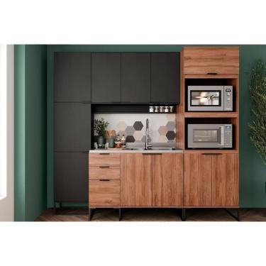 Imagem de Kit Cozinha Modulada 8 Peças Alpha 1 Aéreo + Balcão + 1 Paneleiro + 1 Torre Quente+4complementos C8p52 PretoFreijó