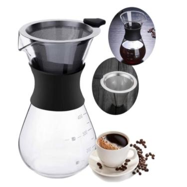 Imagem de Cafeteira Vidro Com Coador Inox Filtro Passador Cafe 400ml Bule Jarra Manual Boro Borossilicato Drip