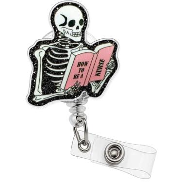 Imagem de Carretel de crachá engraçado de esqueleto, como ser uma enfermeira, suporte de crachá divertido com clipe retrátil, clipe de crachá médico preto para RN CNA LPN LVN Hospital Médico Trabalhador de
