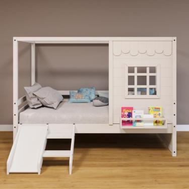 Imagem de Cama Casinha Reta Com Escorregador Madeira Maciça Branco Housin