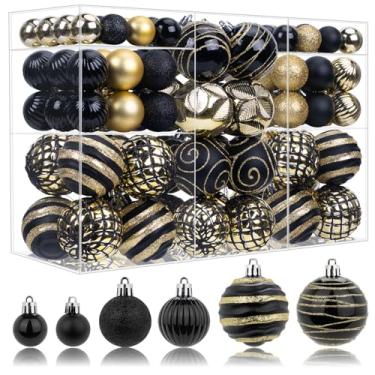 Imagem de Conjunto de 100 enfeites de bolas de Natal pretas e douradas, pintadas à mão, decorações penduradas à prova de estilhaçamento, bolas sortidas a granel para guirlanda de árvore de Natal, decoração de