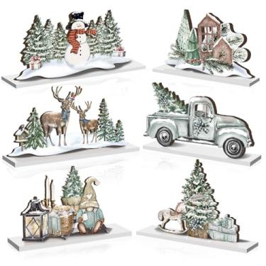 Imagem de 6 peças de decoração de mesa de madeira de Natal Noel Feliz Natal placas de mesa rústica de fazenda boneco de neve caminhão rena gnomo mesa centros de mesa para casa prateleira decoração interna
