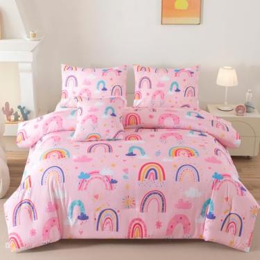 Imagem de ASKOTU Jogo de cama casal com arco-íris, corações do amor, rosa, arco-íris, para meninas e crianças