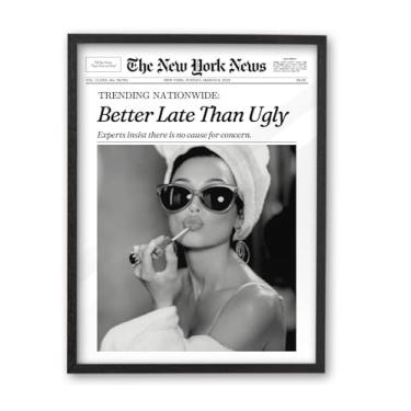 Imagem de iHery Arte de parede emoldurada moderna de madeira de carvalho preto natural premium 30,5 x 40,6 cm Audrey Hepburn, vintage, engraçada, melhor tarde do que feia, tela para banheiro, decoração de