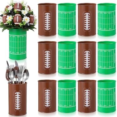 Imagem de Domensi 12 peças de centro de mesa de futebol, vaso de futebol, decorações de festa, vasos de metal galvanizado com tema esportivo, flores artificiais, suporte de utensílios para festa esportiva