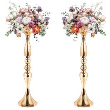 Imagem de Janedream 2 peças de vasos altos de metal dourado para flores, centros de mesa de casamento para arranjos de flores, suportes decorativos de vaso dourado para festa, evento, recepção, decoração de