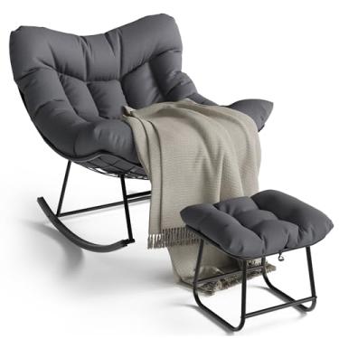Imagem de Cadeira ergonômica Papasan de vime com almofada de tecido de densidade grossa macia, estrutura de aço de alta capacidade, rotação de 360 graus para estar, quarto, sala de leitura, lounge