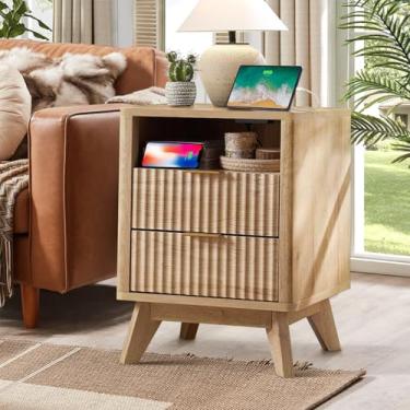 Imagem de Mesa de cabeceira canelada – Mesa de cabeceira moderna de 45,7 cm / 2 gavetas, tampo de mármore sintético, design curvado para armazenamento de quarto e sala de estar (natureza)