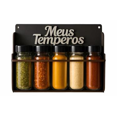 Imagem de Porta Temperos Organizador com 5 Potes para Cozinha de Parede – Suporte Fixável, Armazenamento Prático e Moderno de Condimentos e Especiarias