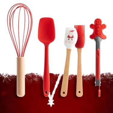 Imagem de Hefild Conjunto de mini utensílios de cozinha de Natal – Conjunto de 5 peças de cozinha pequeno com batedor, espátula, pincel de confeitaria, colher e pinças de biscoito – Mini conjunto de pastelaria
