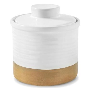 Imagem de Hasense Manteigueira Francesa Com Tampa, Pote De Cerâmica Para Manteiga Para Bancada Com Linha De Água Para Manteiga Para Barrar, Recipiente Para Guardar Manteiga De Fazenda Para Presente De Natal,