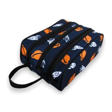 Imagem de Estojo Escolar com 3 Compartimentos, Azul Marinho com Estampa, Material Resistente, Alça Lateral, Zíperes Individuais, Design Versátil para Material Escolar