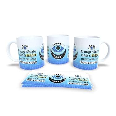 Imagem de Caneca Evil Eye Proteção, Porcelana Branca com Olho Grego Azul, Design Místico com Padrão de Amuletos, Livrai-me de Todo o Mal (17365)
