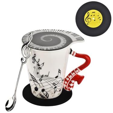 Imagem de Caneca de saxofone de 365 g com design exclusivo de nota musical chá café leite caneca de cerâmica com tampa temática de música legal e colher e porta-copos para músicos, presente para amantes de