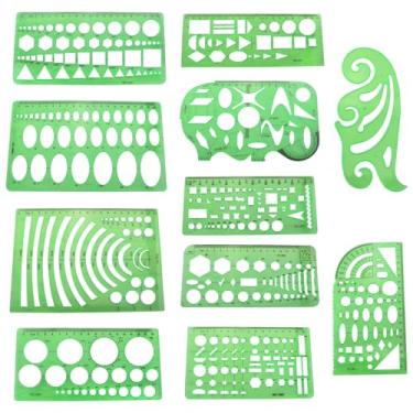 Imagem de ZZLZX 11 peças de estênceis de pintura vazados de plástico verde réguas de medição para desenho circular e rascunho, ferramentas de medição para design arquitetônico de escritório