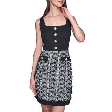 Imagem de Karl Lagerfeld Vestido feminino de tweed sem mangas com botões de pérola, Preto, macio, branco, preto, 38